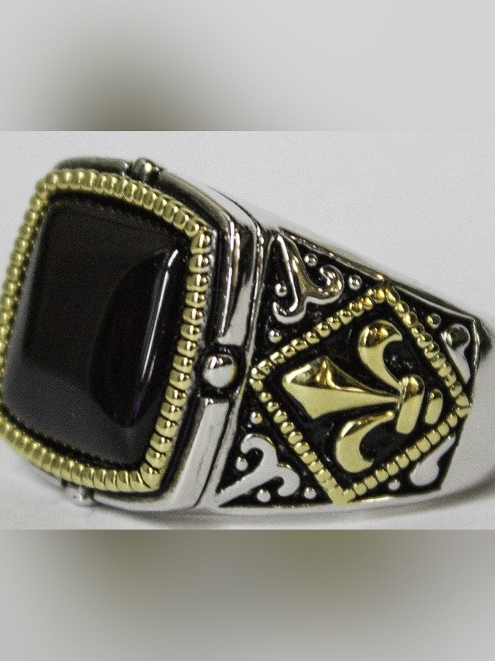 Men's Black Onyx Two-Tone Fleur-de-Lis Statement Ring